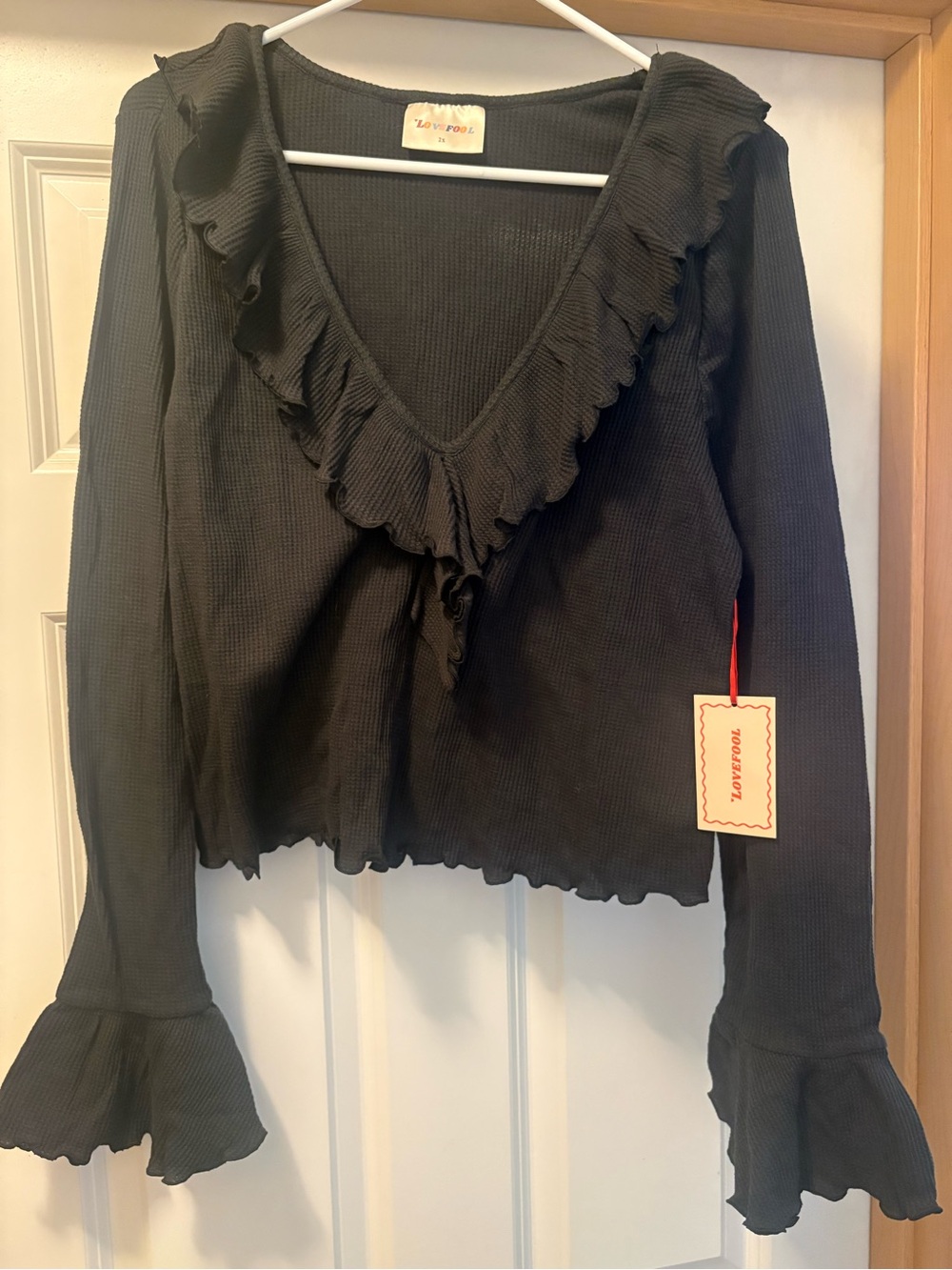 Love Fool Crop Ruffled Long Sleeve Black Top Size 2X NWT